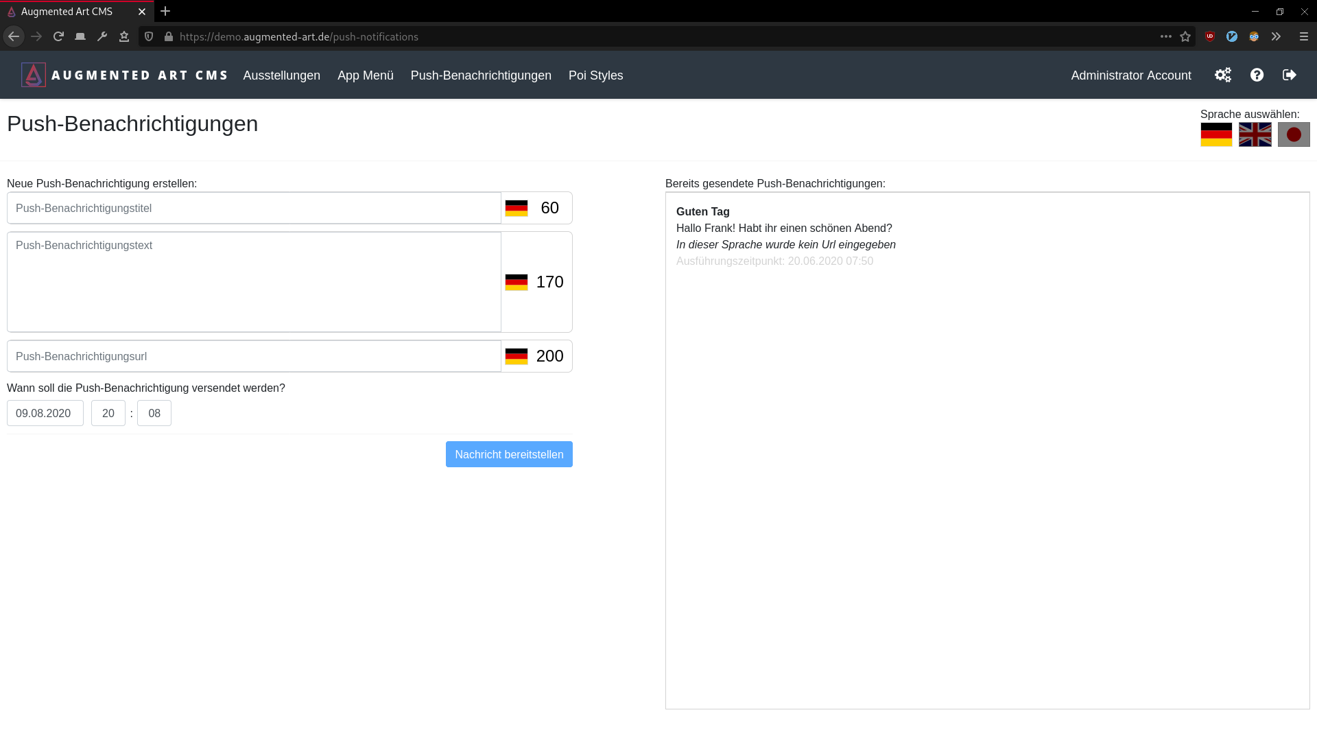 Hauptseite der Push Notifications